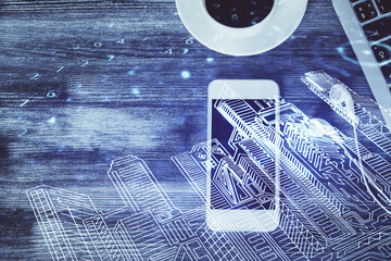 Multi exposure of smart city technology drawing over table with phone. Top view.