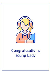 Congratulations young lady greeting card with color icon element. Involving youth efforts. Postcard vector design. Decorative flyer with creative illustration. Notecard with congratulatory message