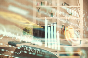 Double exposure of tech theme drawings and office interior background. Technology concept.