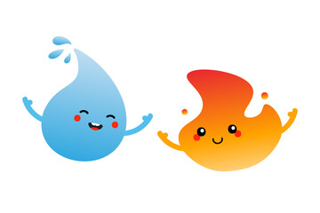 Couple of cute and smiling cartoon characters. Blue water drop and burning fire, flame characters icons.
