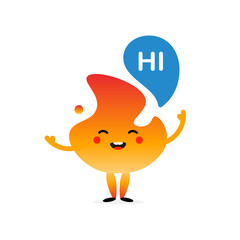 Cute and smiling cartoon style fire, flame character with speech bubble saying hi, hello.
