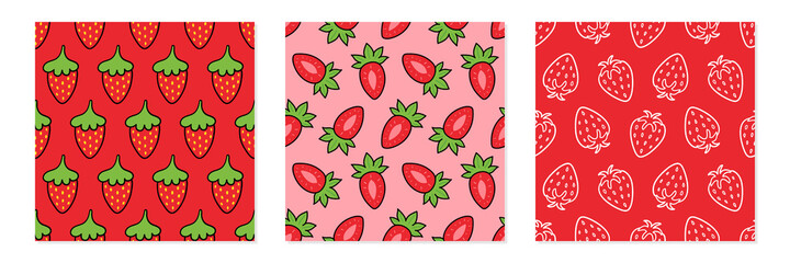 Set, collection of three vector seamless pattern backgrounds with strawberries for food design.

