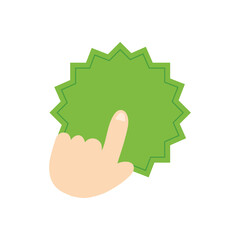 Person’s hand, finger pointing on green sticker, label, banner. Vector icon, illustration, template. 