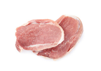 Pieces of raw meat isolated on white, top view
