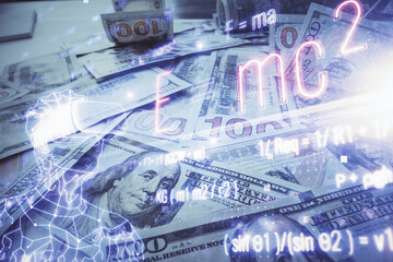 Double exposure of formula drawing over usa dollars bill background. Concept of education.