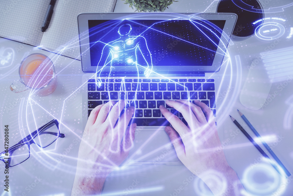 Poster double exposure of man's hands typing over computer keyboard and science theme hologram drawing. top