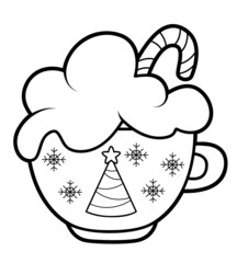 Christmas coloring book or page. Cup black and white vector illustration