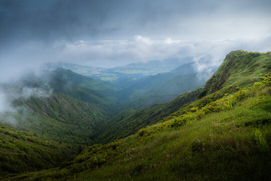 Clouds and fog quickly moving over Pico da Vara, highest point of Sao Miguel (Azores) on a summer afternoon