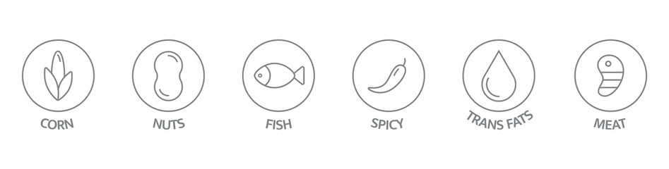 Allergen line icon big set. Nut, corn, milk, honey, gluten mustard, gmo sesame, lactose fish, egg mollusk free. Organic and natural food labels. Allergy warning ingredients. Vector illustration
