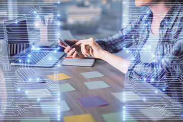 Double exposure of woman hands typing on computer and technology theme drawing. High Tech concept.