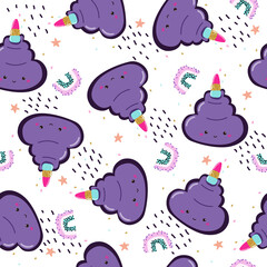 Unicorn cute poop seamless pattern. Funny rainbow print. Vector hand drawn illustration. 