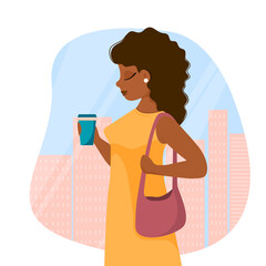 Cute attractive businesswoman is walking down the street of a big city to work with a glass of coffee in her hand. Coffee to go. Character of a modern woman. Vector illustration.
