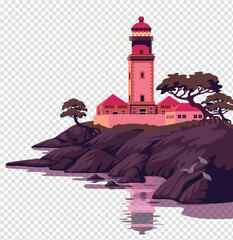 Lighthouse vector landscape. Beautiful sea landscape with a beacon on the cliff on transparent background. Vector illustration in flat cartoon style