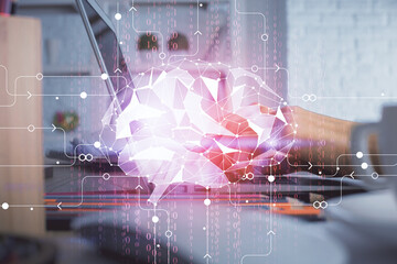 Double exposure of woman hands working on computer and brain hologram drawing. Ai concept.