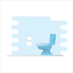 Toilet bawl icon with toilet paper roll isolated on blue background. Flat Toilet room icon. Vector Cleaning concept illustration