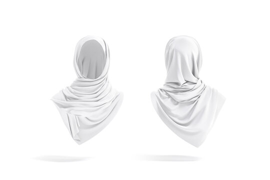 Blank White Woman Muslim Hijab Mockup, Front And Back View
