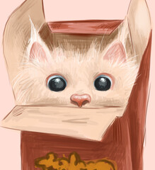 Cute white cat in red box looking to us. Digital 2d drawing