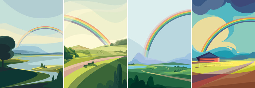 Collection of landscapes with rainbow. Natural sceneries in vertical orientation.