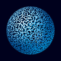 abstract blue ball art isolated on black background with cellular web surface