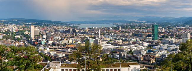  Beautiful cityscape panorama of Zürich, the largest city in Switzerland. It is located in...