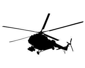 War helicopter flies across the sky. Isolated silhouette on white background