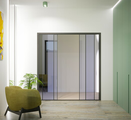 3d rendering of hall interior with mirror and olive wardrobe