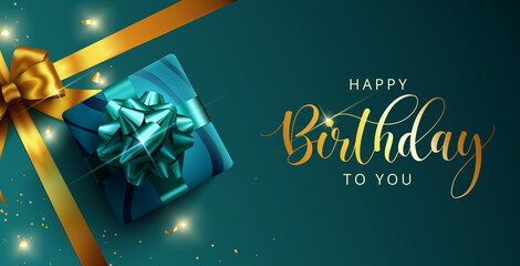 Happy birthday vector template design. Happy birthday greeting text with gift and elegant ribbon decoration element in empty space for birth day celebration card design. Vector illustration