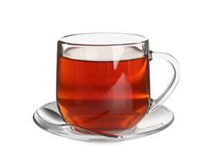 Glass cup of freshly brewed tea isolated on white