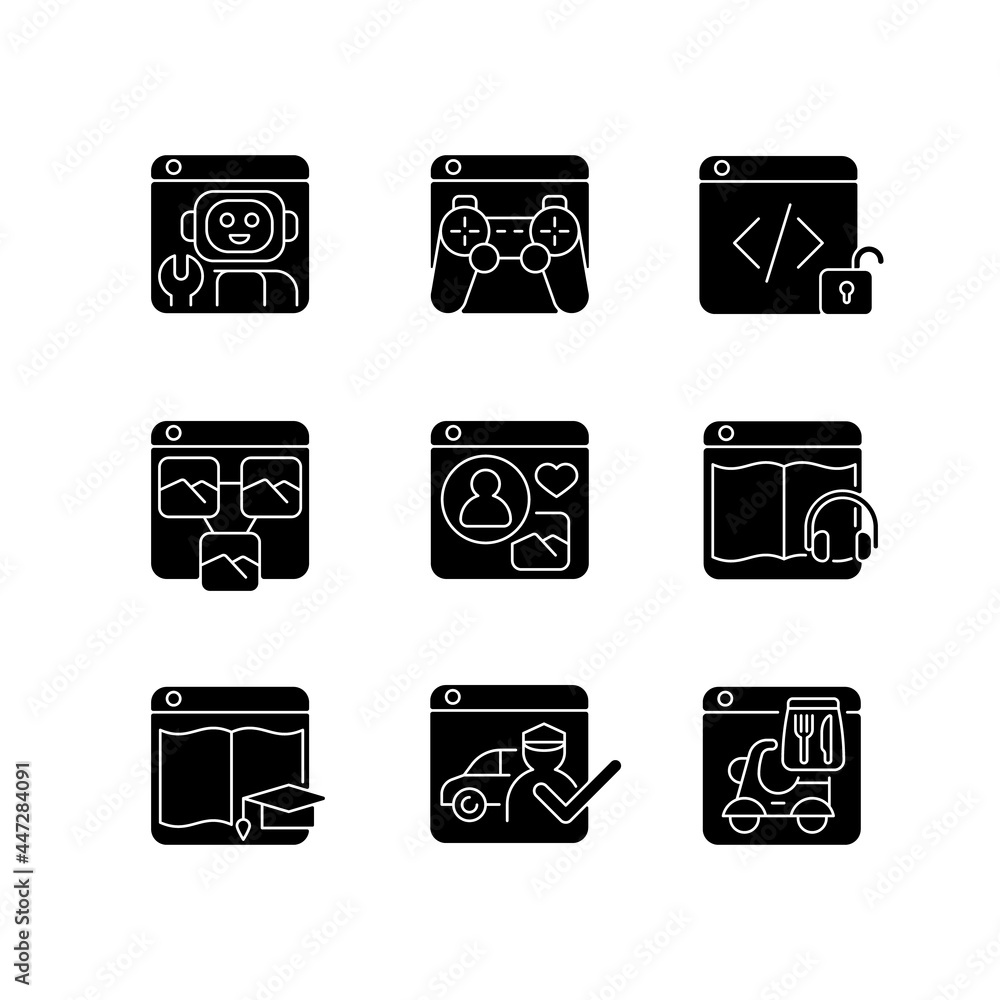 Poster public-facing internet applications black glyph icons set on white space. robotics platforms. playin
