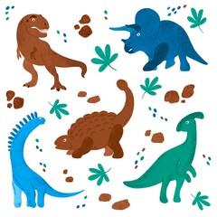 Set with five cartoon dinosaurs: tyrannosaurus, triceratops, talarurus, diplodocus, parasaurus
