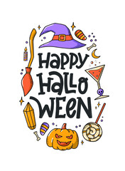 Happy Halloween hand lettering quote decorated with doodles for greeting cards, posters, invitations, banners, prints, signs, etc. EPS 10