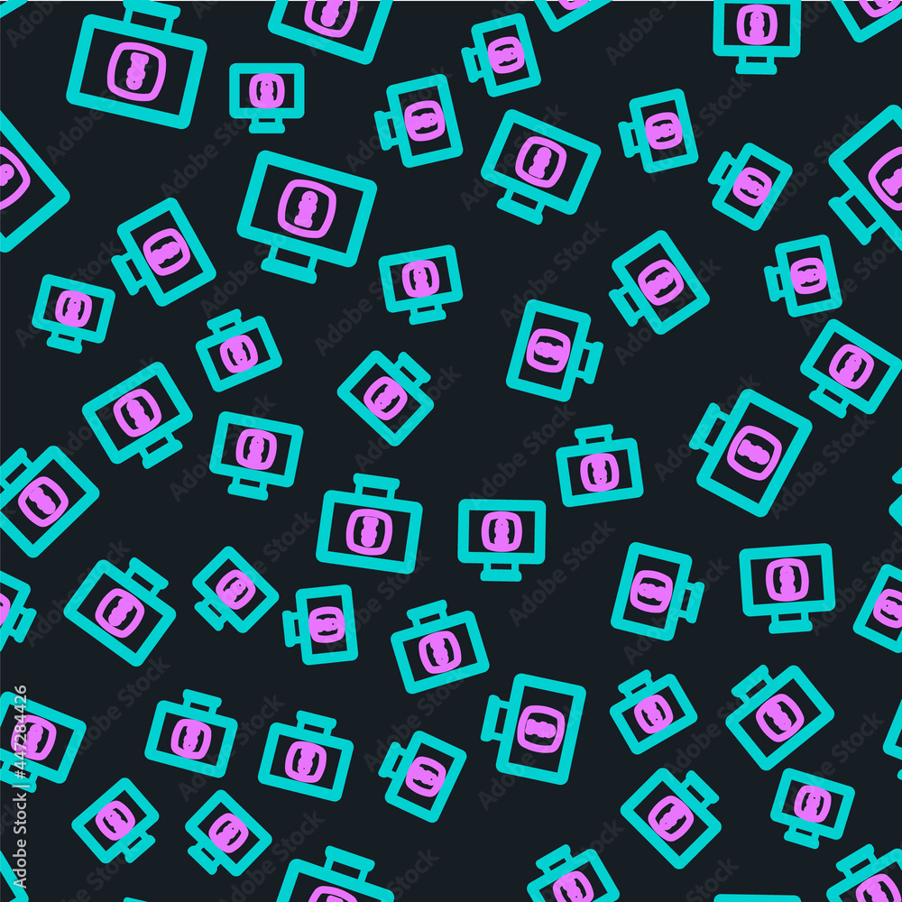 Aufkleber line monitor with information icon isolated seamless pattern on black background. vector