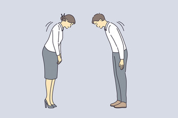 International business communication and rules concept. Young business people colleagues cartoon characters standing making Japanese greeting bow vector illustration © Dzianis Vasilyeu