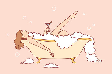 Skincare, pleasure, relaxation at home concept. Young pretty Woman cartoon character taking bath with bubble and drinking cocktail for hygiene and beauty feeling positive vector illustration 