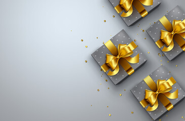 Gift boxes vector background design. Gifts with gold ribbon and confetti elegant elements in empty blank space for birthday, anniversary and holiday celebration greeting card. Vector illustration
