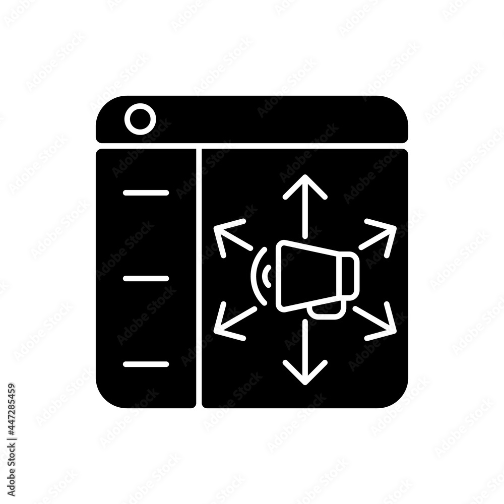 Poster Content distribution platforms black glyph icon. Promote resources to online audiences. Markets, channels. Increase traffic to websites. Silhouette symbol on white space. Vector isolated illustration