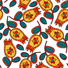 Day of the dead, Dia de los moertos. Seamless pattern with Mexican flowers on white background. Fiesta, holiday pattern. Design for textile, fabric, wrapping, packing, scrapbooking 