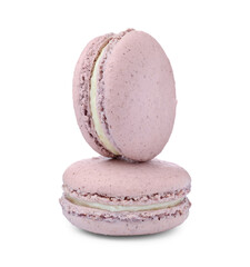 Violet macarons on white background. Delicious dessert