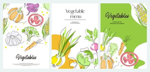 Vegetarian food. Vegetables are drawn with a single line. Tomatoes, pumpkin, onion, garlic.