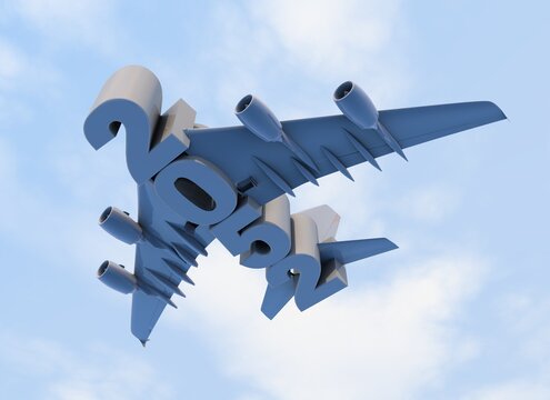 3D illustration of 2052 text with plane wings