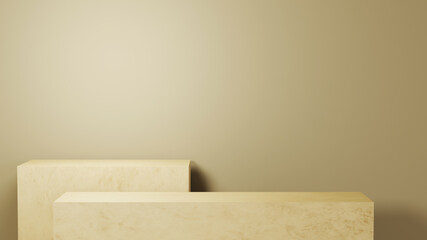 3D rendering of Rectangular shelf in light brown tones background. For show product. Blank scene showcase mockup.