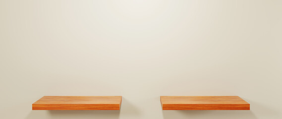 3D rendering of Two shelves for displaying wooden products background. For show product. Blank scene showcase mockup.