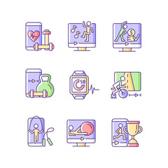Online fitness training apps violet RGB color icons set. Workout subscription. Weight control. Virtual dance and jumping classes. Isolated vector illustrations. Simple filled line drawings collection