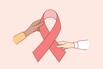 National Breast Cancer Awareness concept. Human Hands holding red ribbon as symbol of Breast Cancer Awareness vector illustration