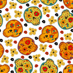 Day of the Dead. Seamless pattern with skulls and flowers on white background. Fiesta. Dia de los muertos. Mexican sugar human head bones. Ogange, red, yellow, black, blue color.