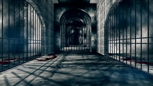 Creepy Haunted Prison Corridor with Smoke, blood spatter and scary shadows