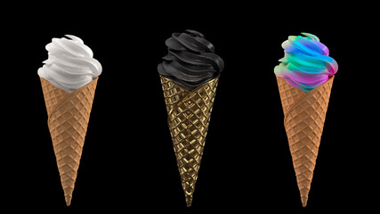 3 ice cream with waffle cone on a black background