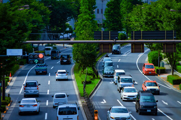 A traffic jam at the avenue in the downtown in Tokyo long shot