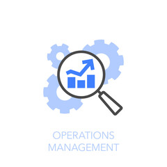 Operations management symbol with cogwheels and a magnifier with a growing efficiency curve. Easy to use for your website or presentation.