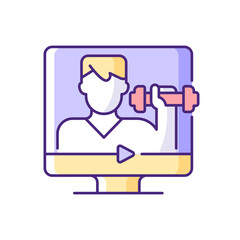 Online fitness coach RGB color icon. Gym classes. Professional support through internet connection. Convenient way time and money save. Isolated vector illustration. Simple filled line drawing